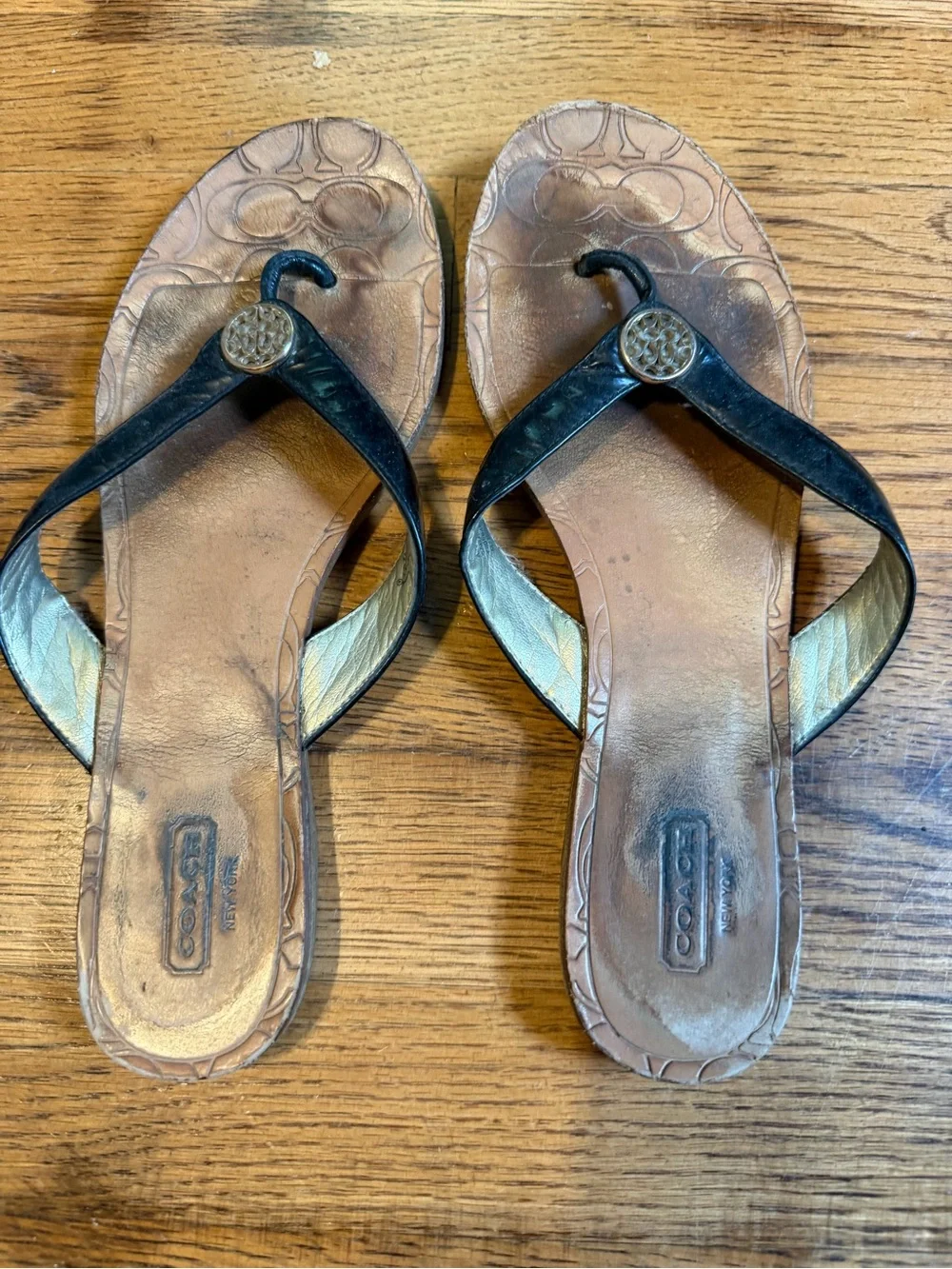 COACH Brown Leather Signature-Embossed Thong Sandals with Black Straps